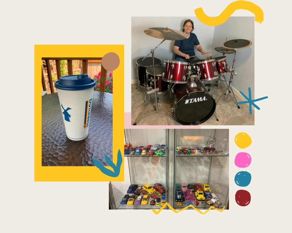 collage of debbie on drums, volkswagen beetles and coffee