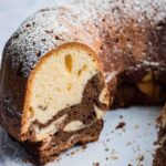 Marble cake ring or Mamorkuchen cut open on a white cake plate