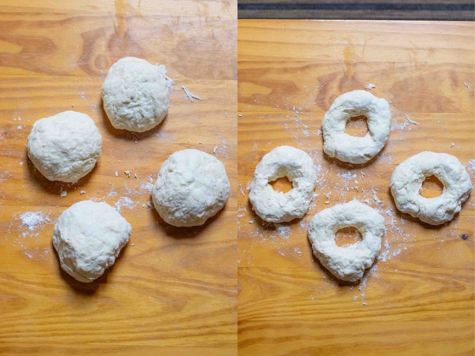 on the left dough being rolled into 4 balls and on the right it was shaped into bagel shape.