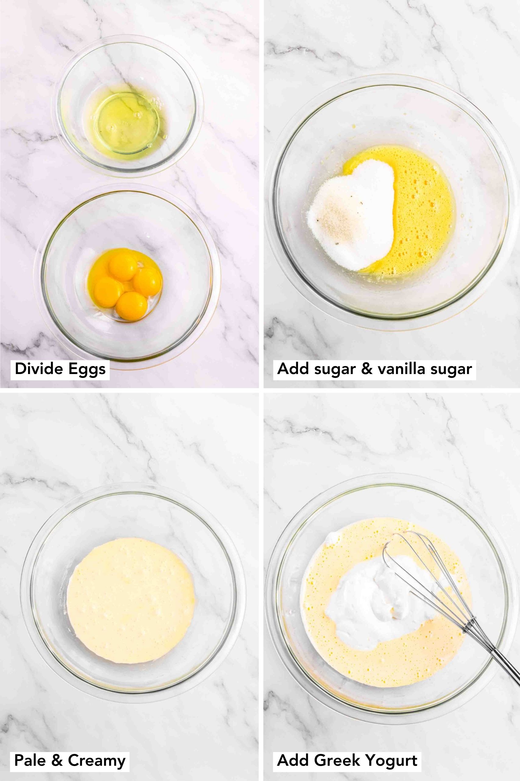 fluffy-yogurt-cake collage of 4 photos. let top shows to divide eggs, top right shows adding vanilla sugar and granulated sugar to the batter, 3rd on the bottom left shows pale and creamy batter and 4th on bottom right shows on how to add greek yogurt.