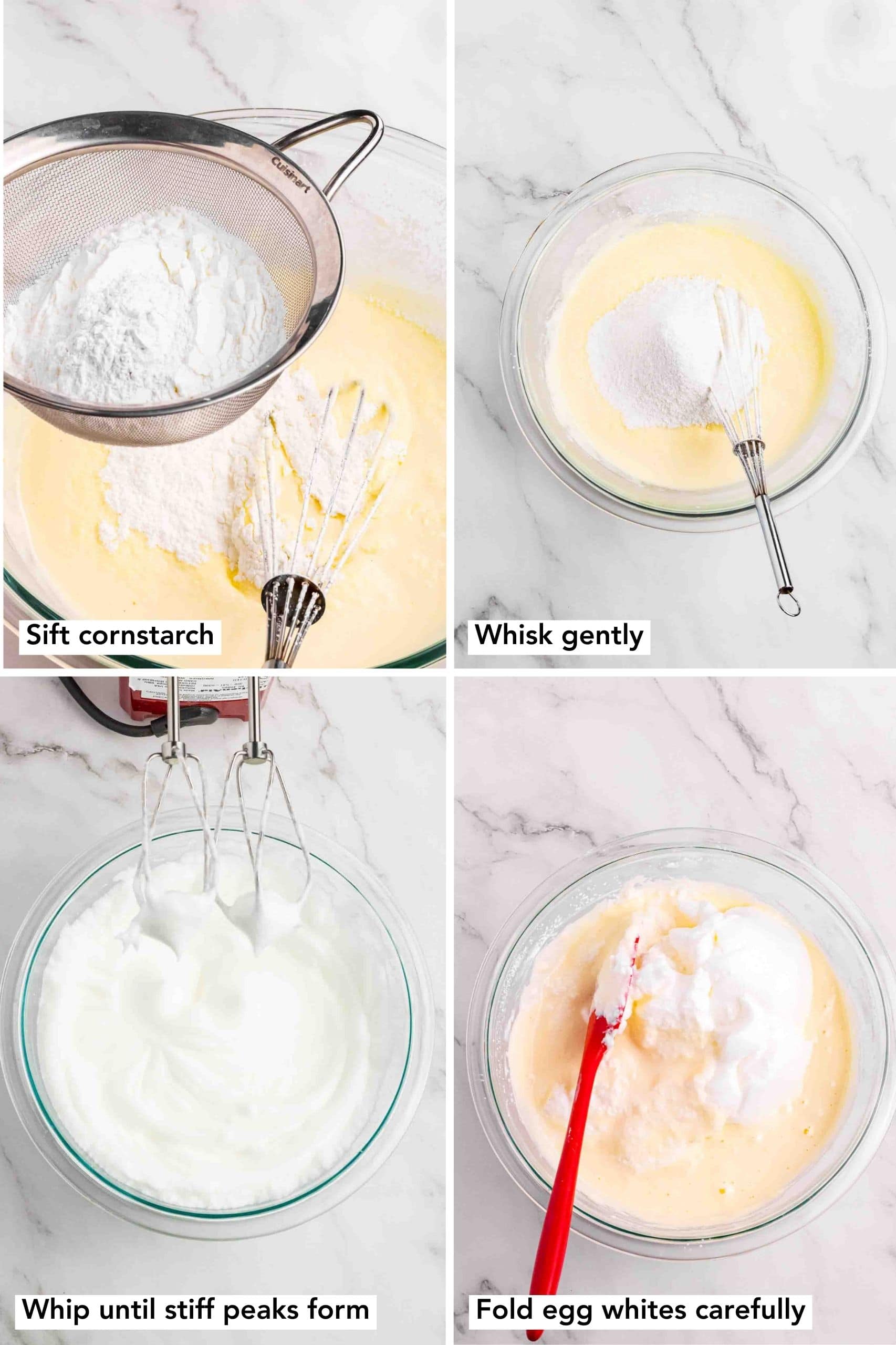 Fluffy Yogurt 4 photo collage. Top Left shows sifting cornstarch and baking powder. Top right shows how to whisk it into batter. Bottom left shows whipping egg whites to stiff peaks. Bottom right on how to gently fold in egg whites into egg mix.