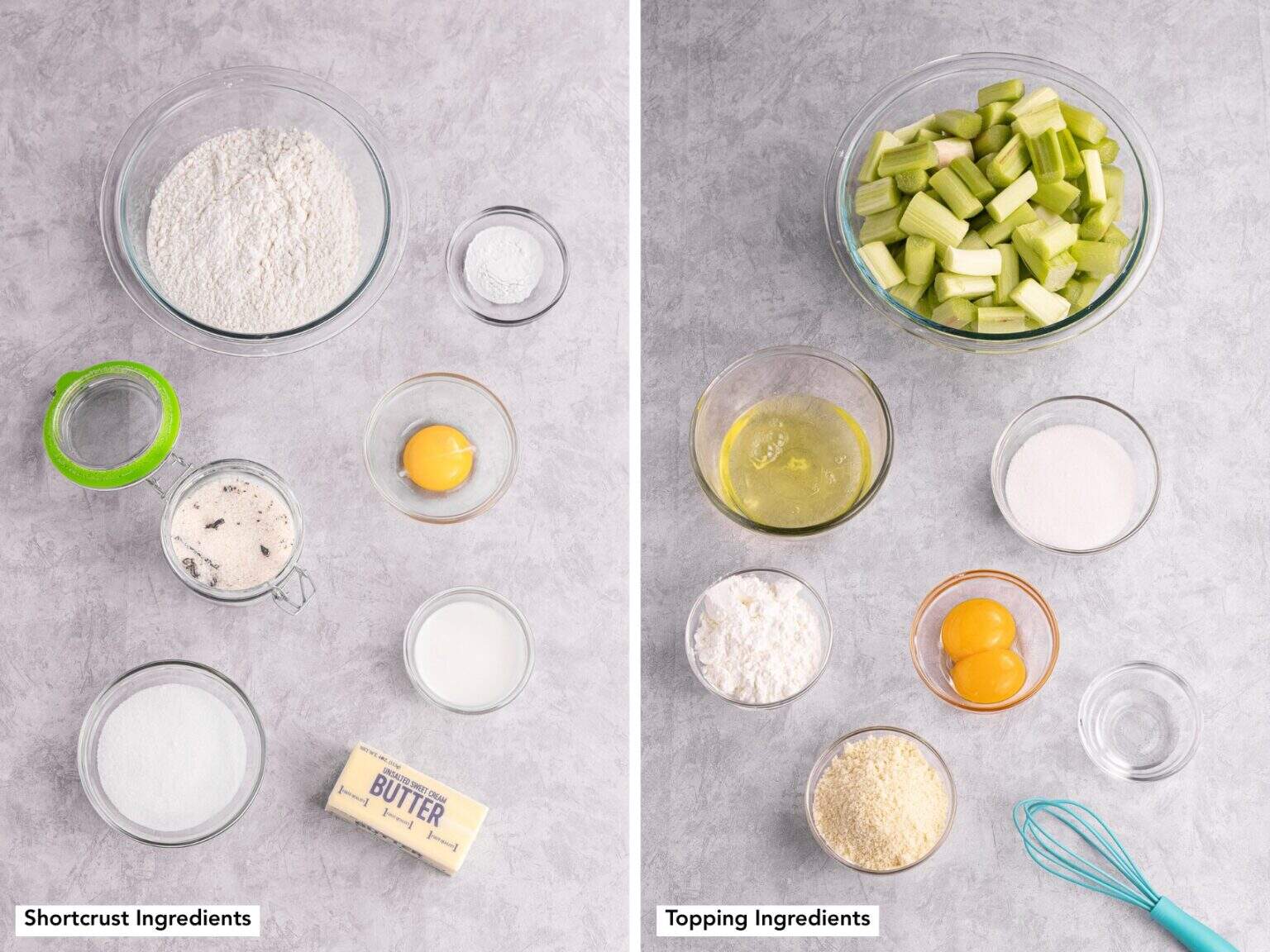 ingredients for Rhubarb cake. Left ingredients for shortcrust and right ingredients for topping.