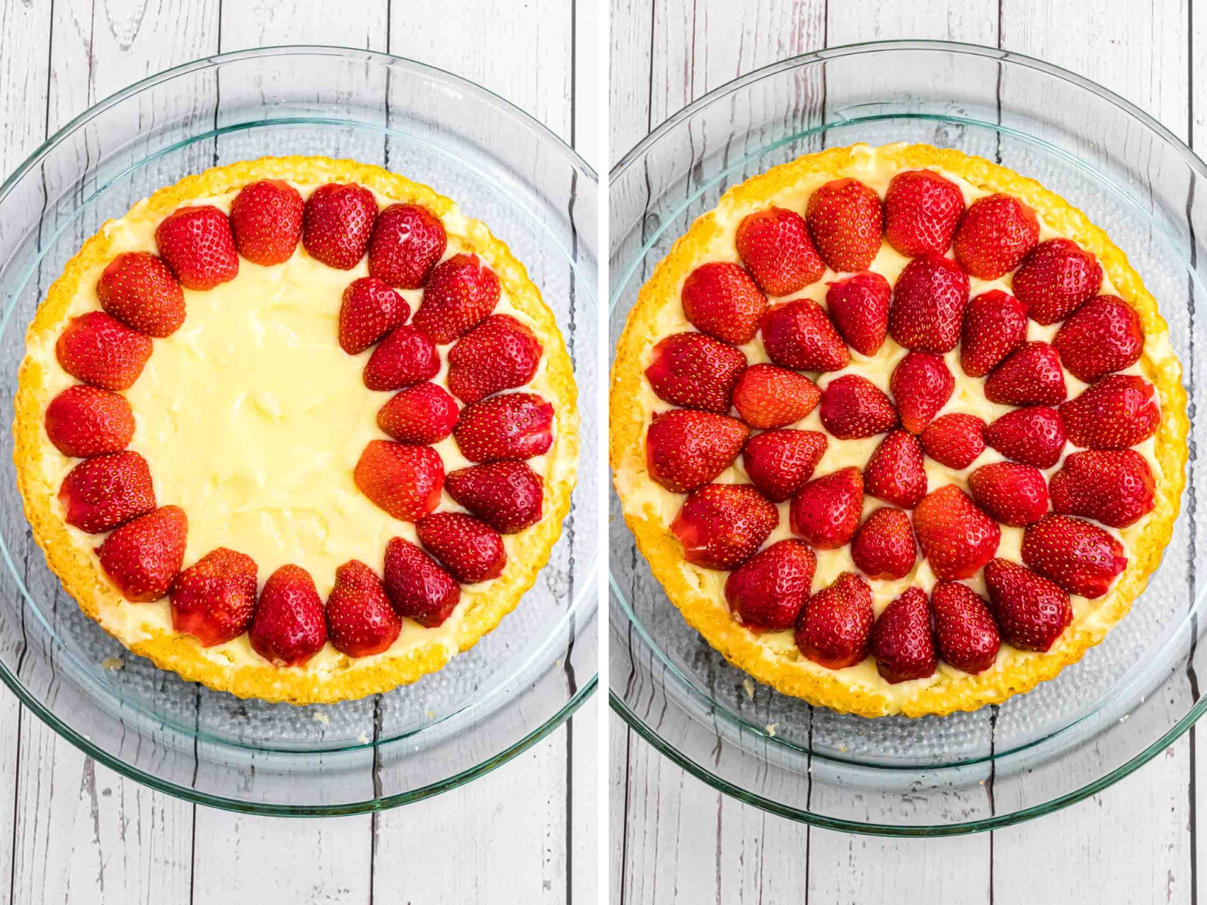 left side shows the how the strawberries have to be laid on. the cake - right side shows a finished design