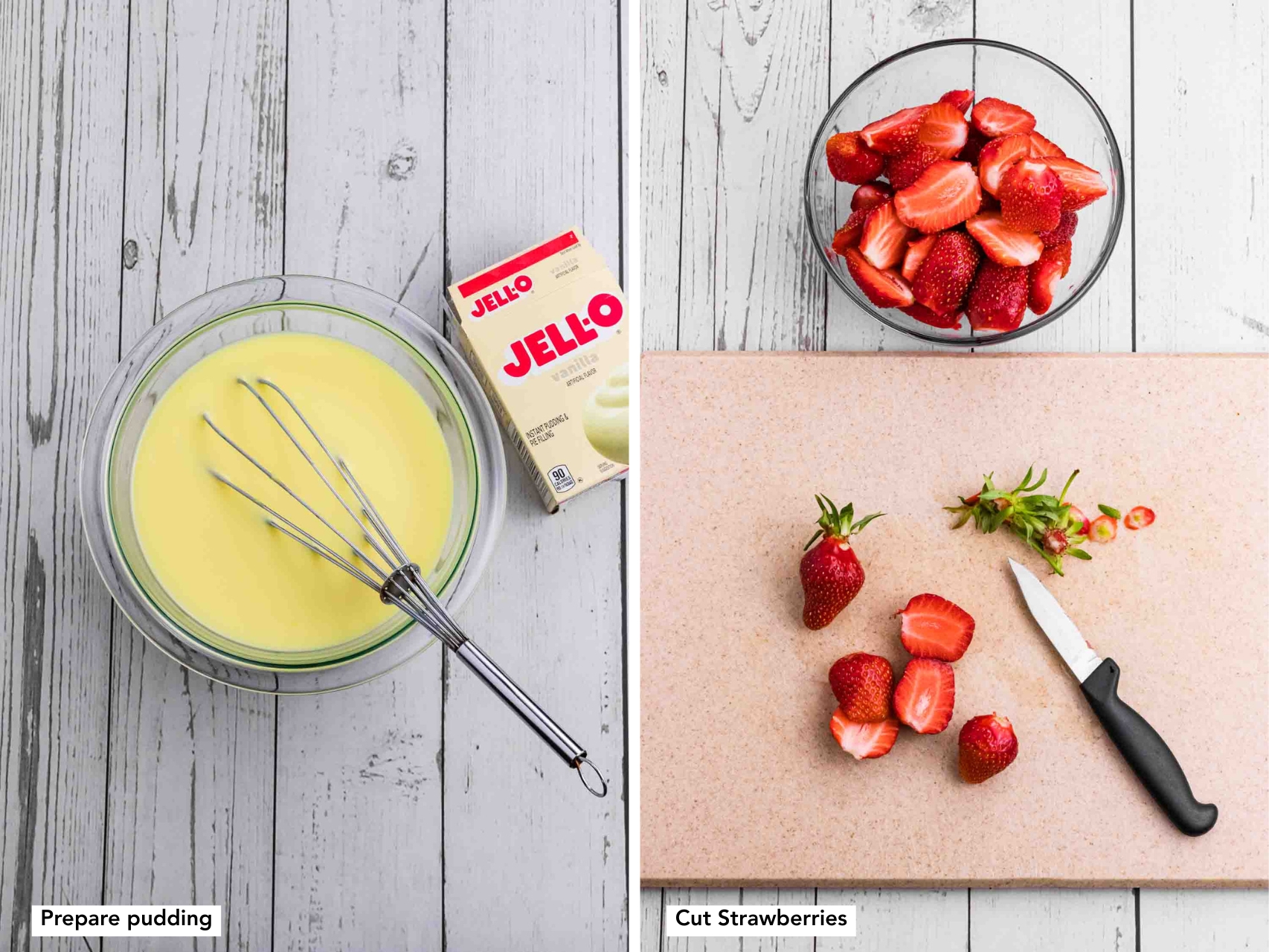 left side how to prepare vanilla pudding - right side cut up strawberries