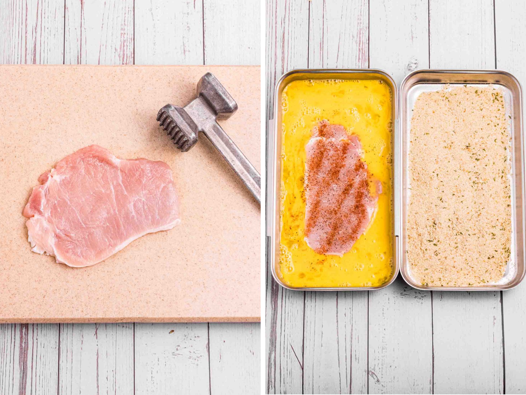 photo collage of hammering thing the Wiener schnitzel and 2 containers with egg mix and the other with bread crumbs
