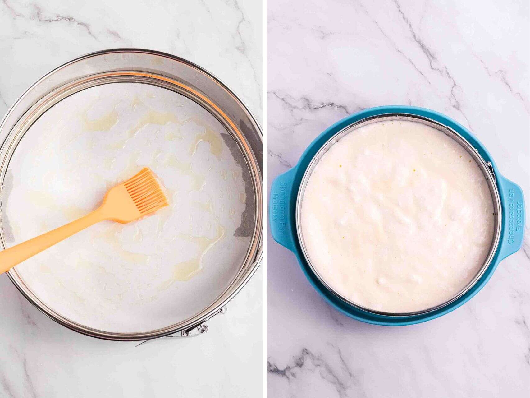 2 photo collage of fluffy yogurt cake. Greasing the pan and filling it into the pan