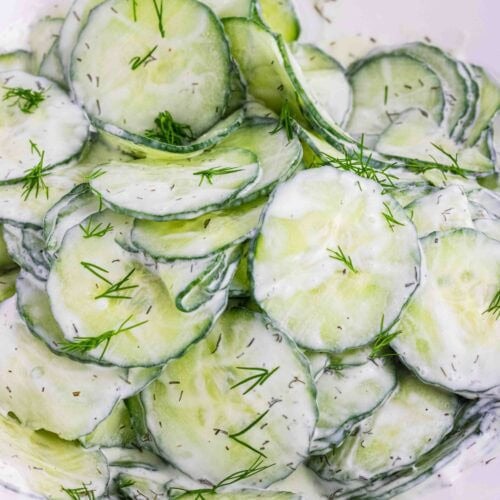 thin slices of English cucumbers in a white bowl coated with sour cream dill dressing