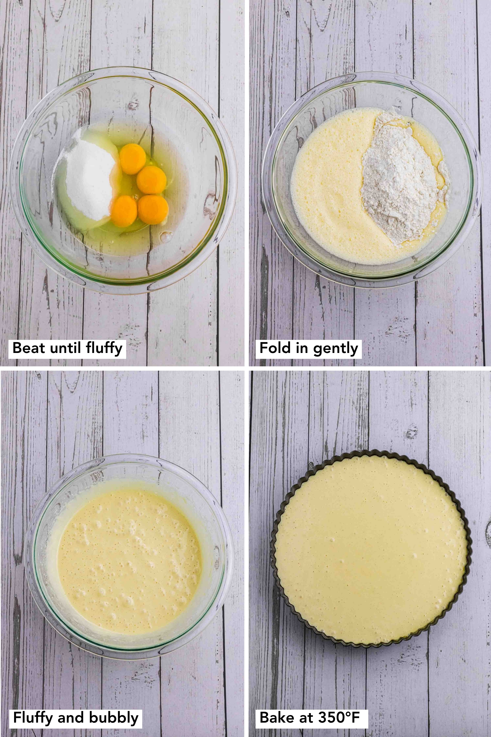 4 photo collage of steps on how to make the sponge for German strawberry cake