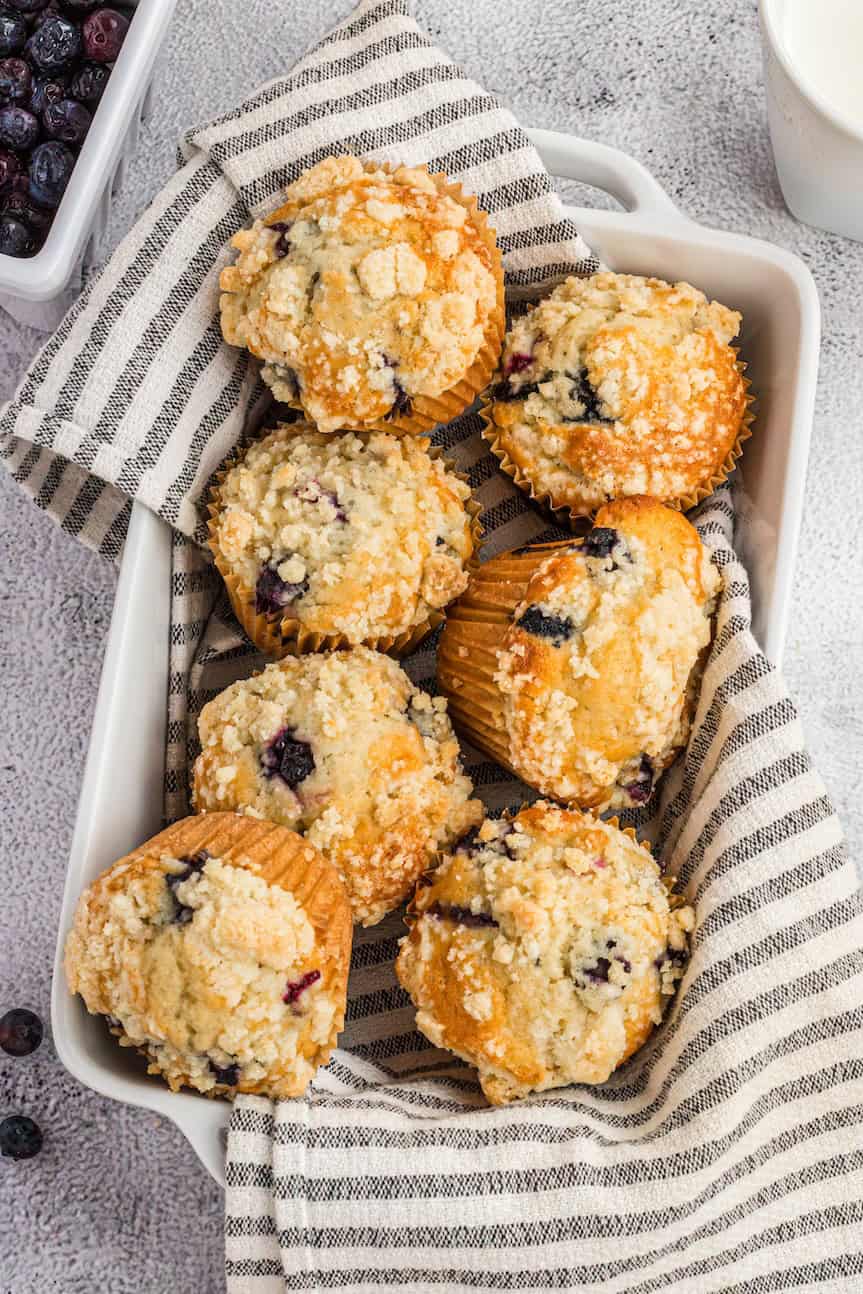 8 streusel topped blueberry muffins in a striped towel in a white loaf form.