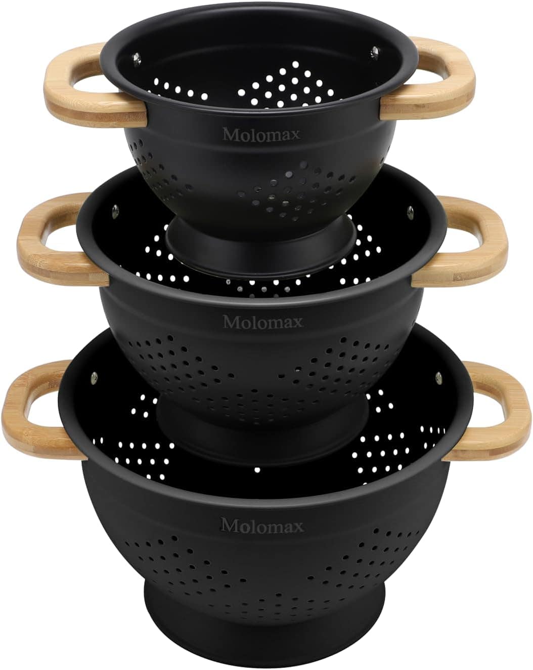 Set of 3 black colander set with wooden handles