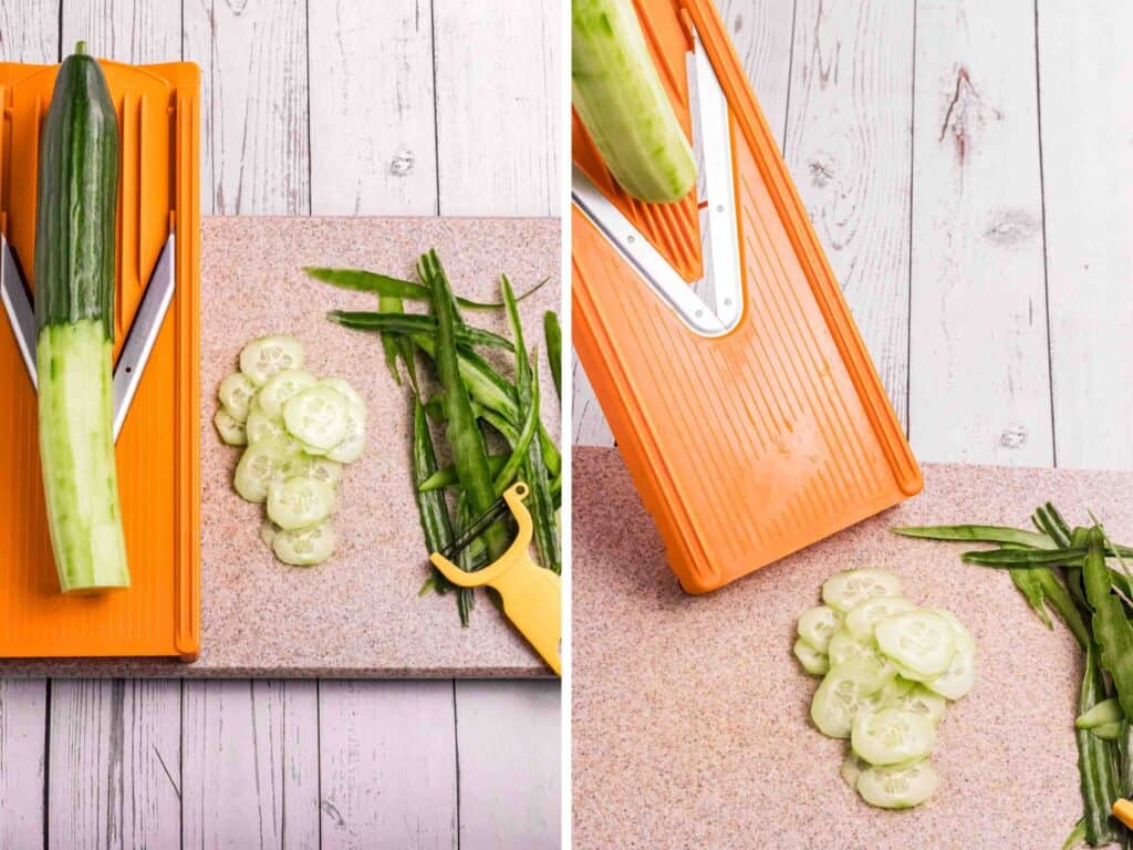 collage of how to slice the english cucumber