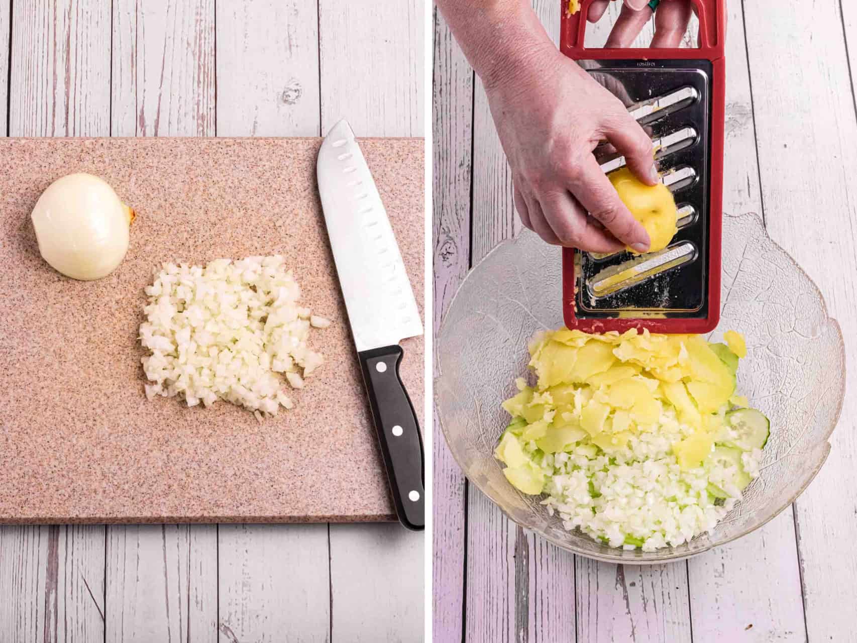 collage of diced onions and sliced cooked potatoes for germans potato salad