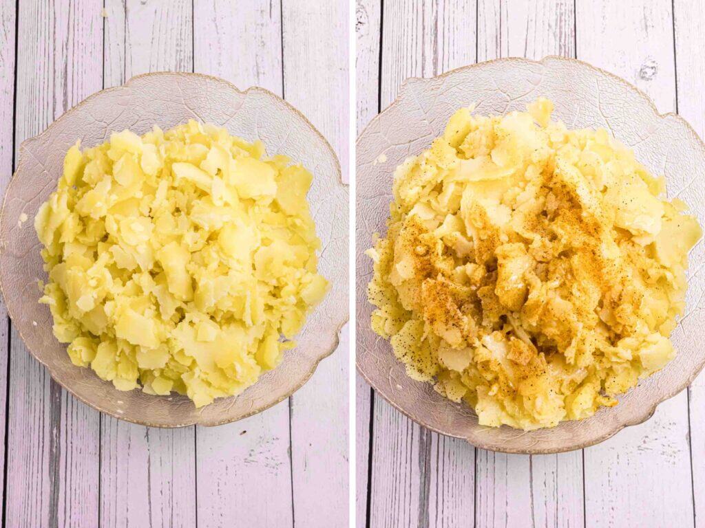 sliced German potato salad in a bowl and sprinkled seasoning over it