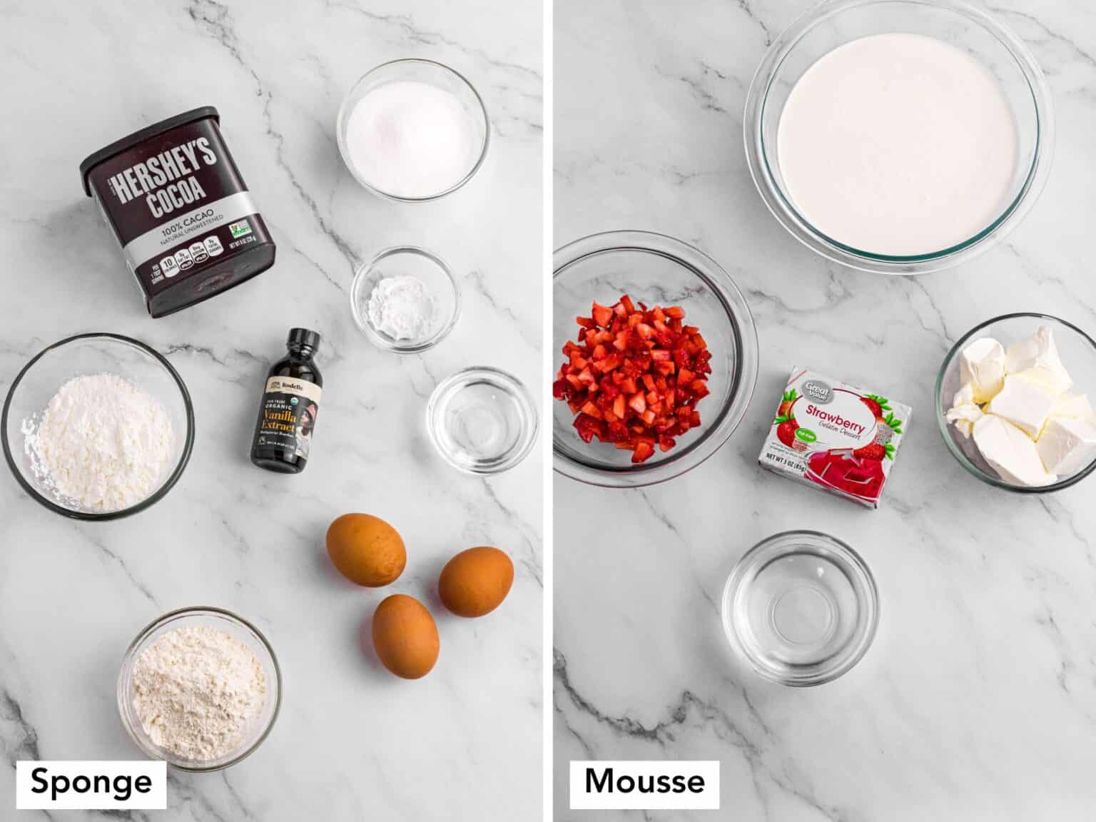strawberry mousse cake ingredients for both the chocolate sponge and the strawberry mousse