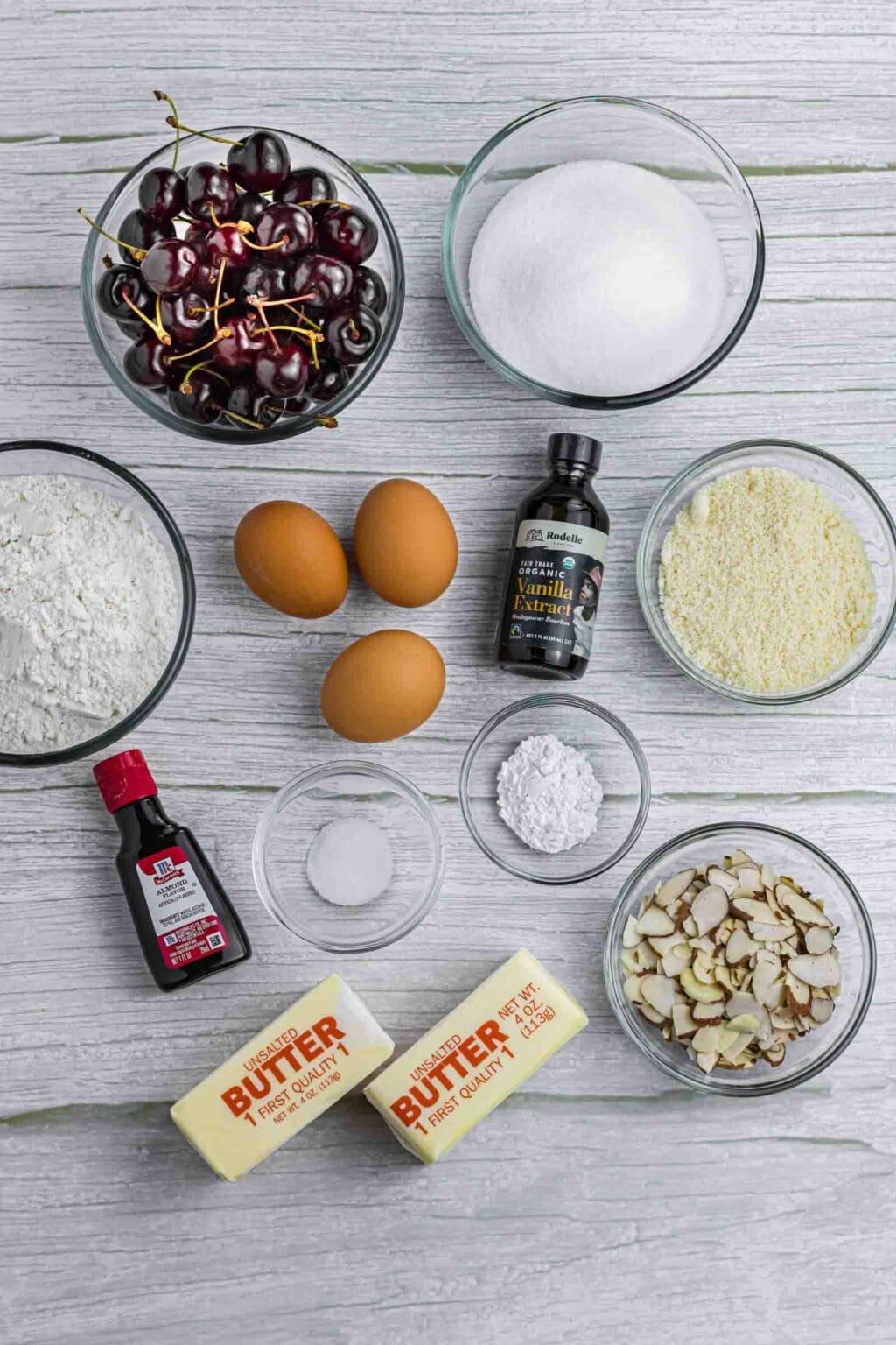 Cherry Almond Cake ingredients all laid out on the table.