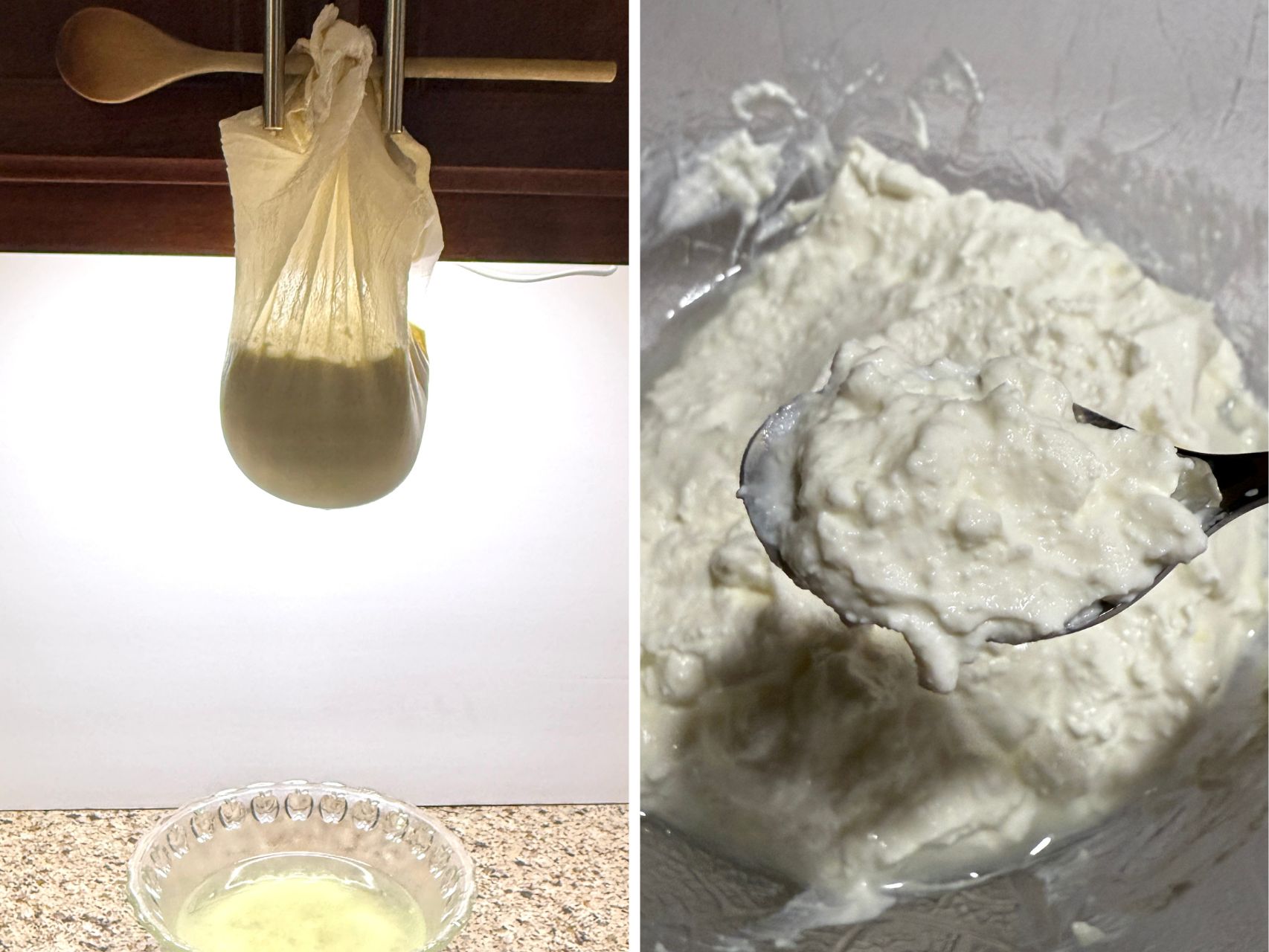 hanging up the yogurt for draining and finished greek yogurt on a spoon