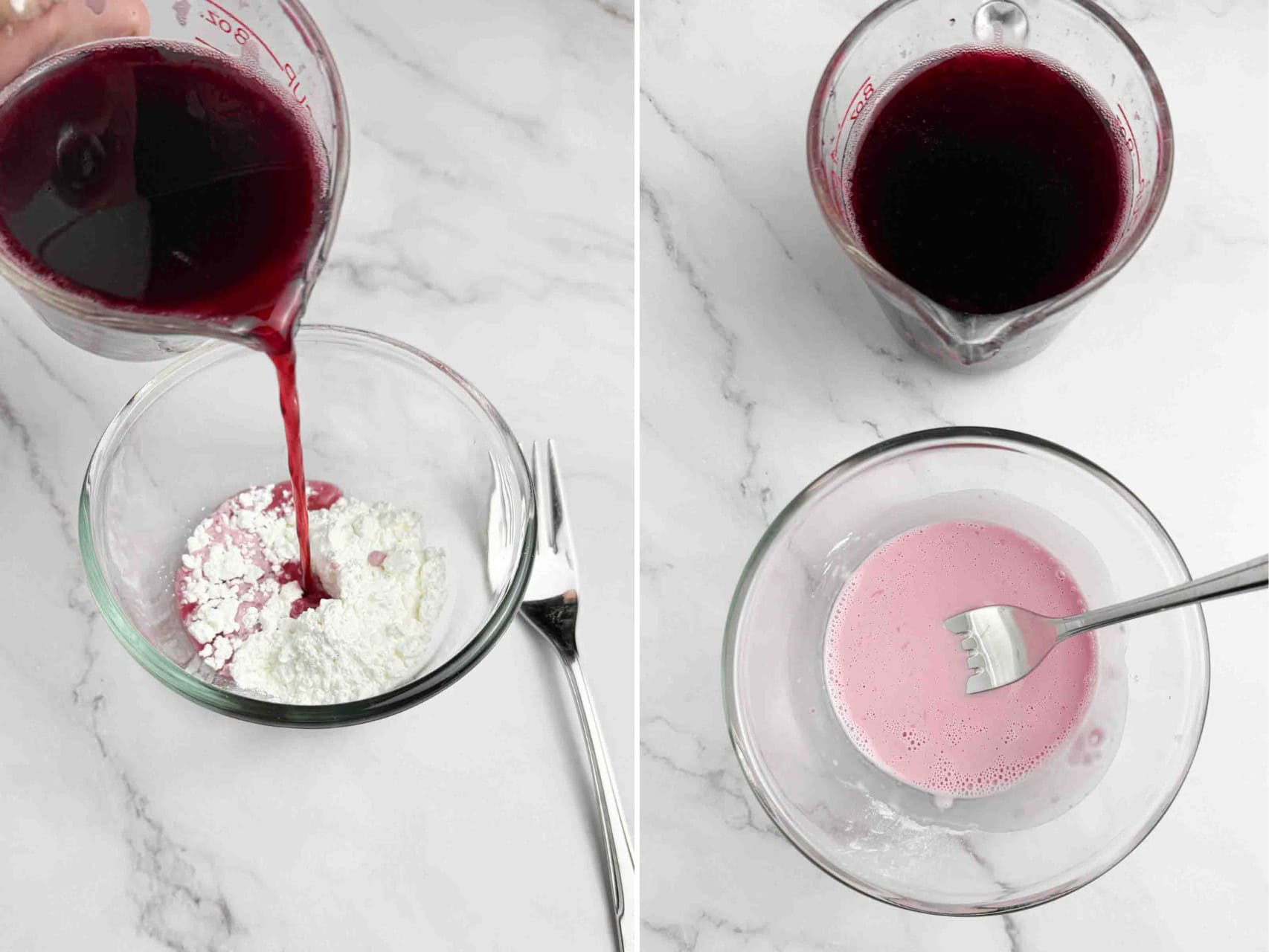 collage of images showing how to make the cornstarch slurry for Rote Grütze