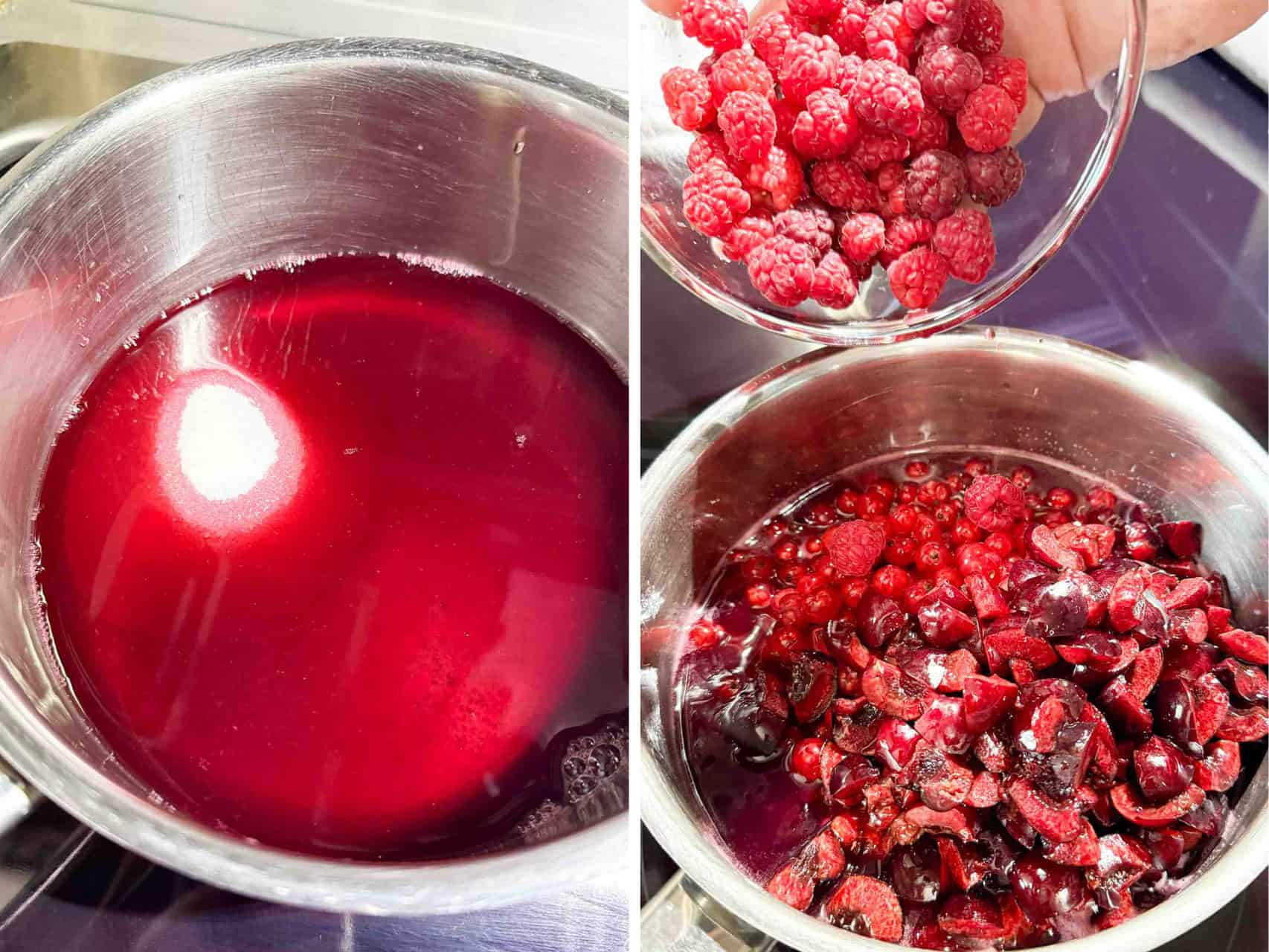 collage of mixing sugar into juice and adding berries to pot