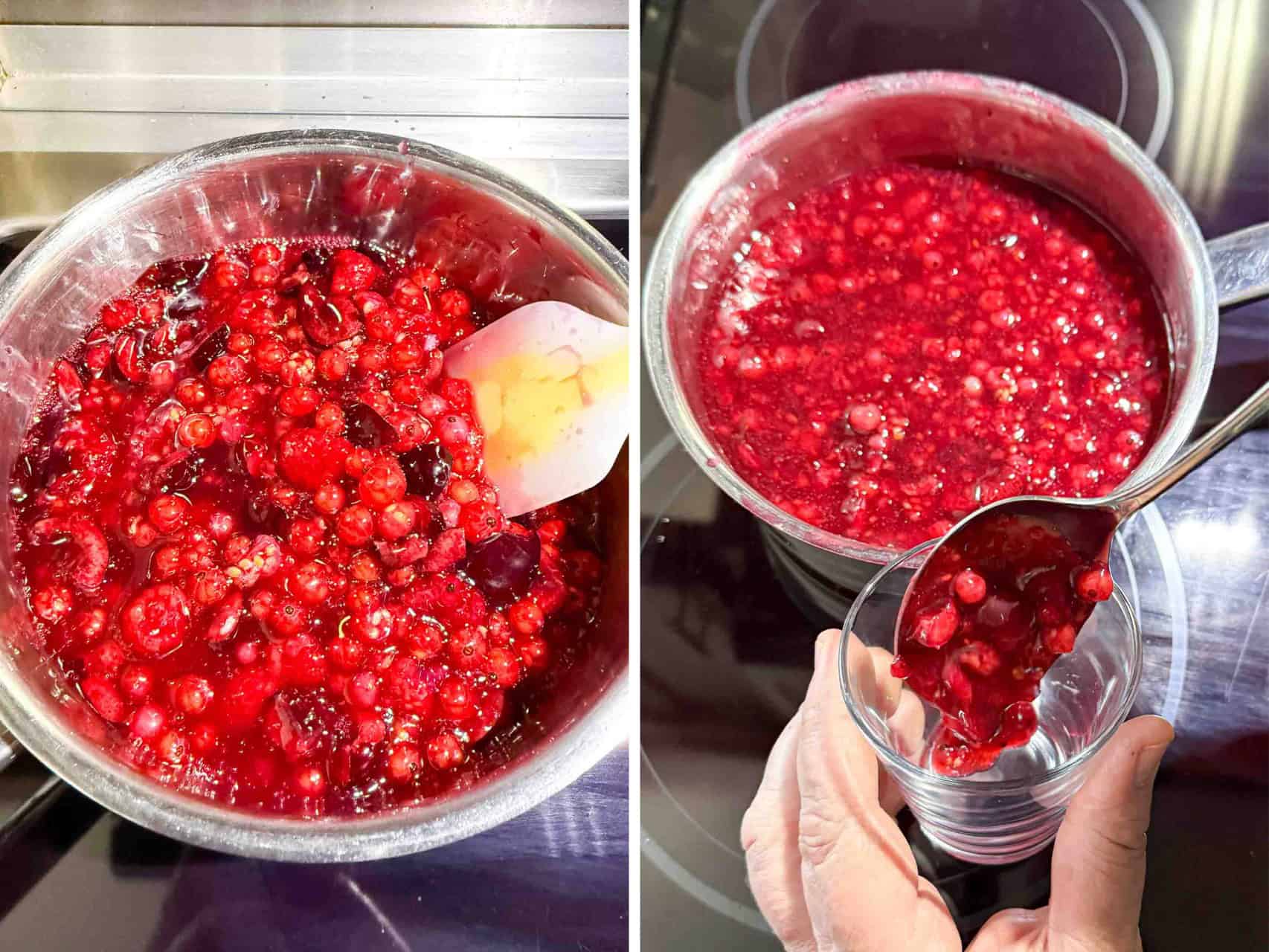 Cokking Rote Grütze in a sauce pen and filling finished product in dessert glasses