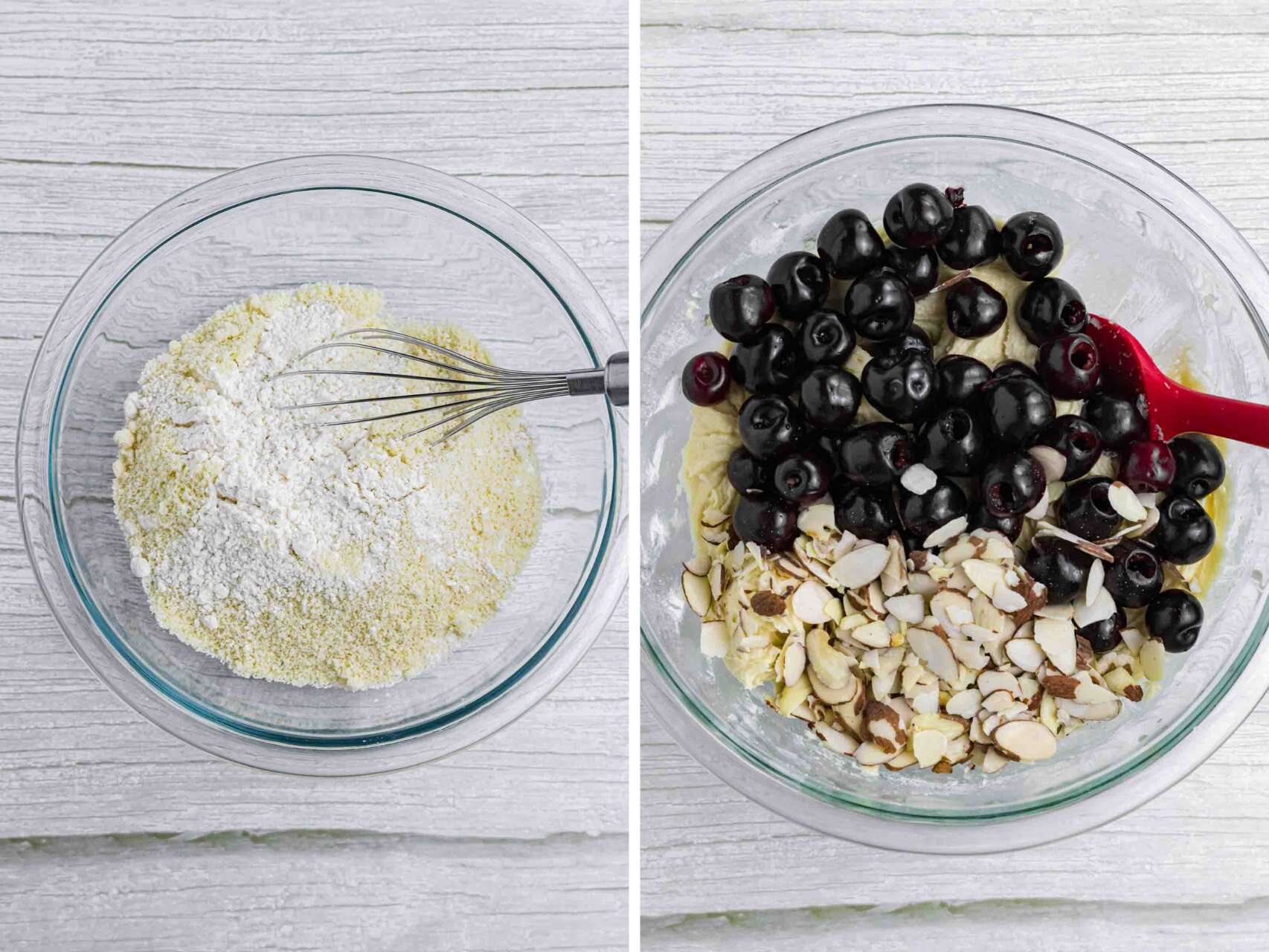 almond cherry cake side by side dry ingredient mix and cherry fold in