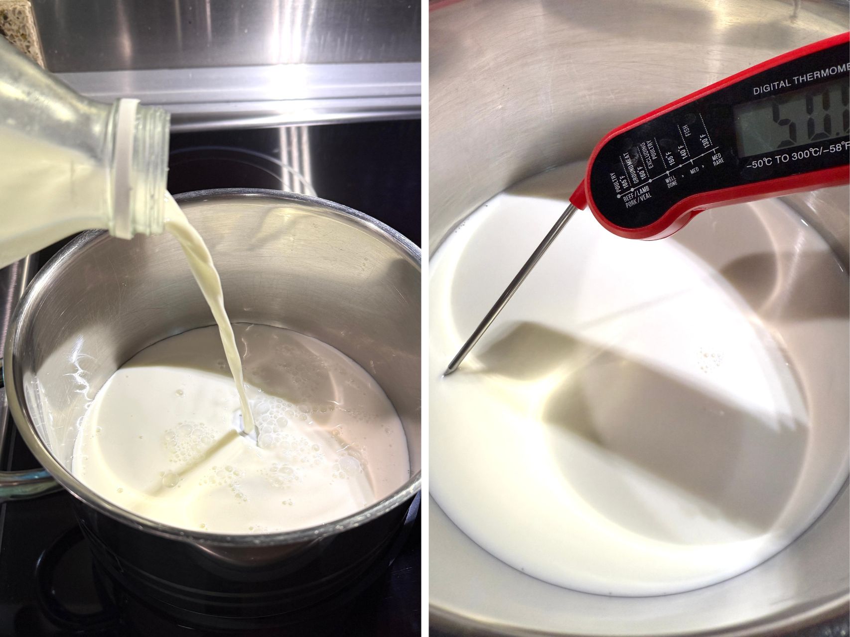 left milk is being poured into the pot. Right milk is being wormed up and a thermometer is used to control temperature