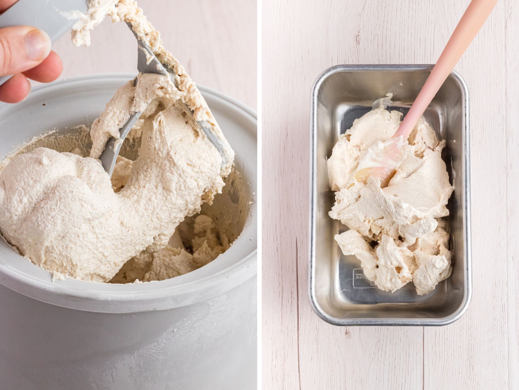 churned ice cream base for apple pie ice cream with now mixed in apples and graham crackers
