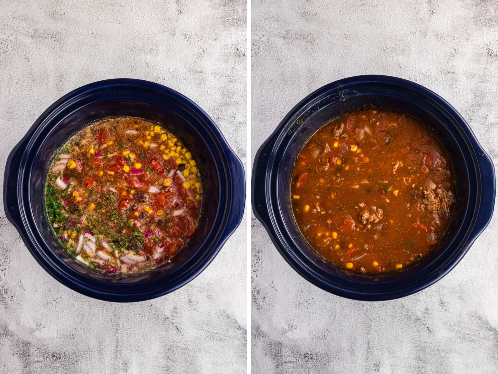side by side stirred and finished cooked chili