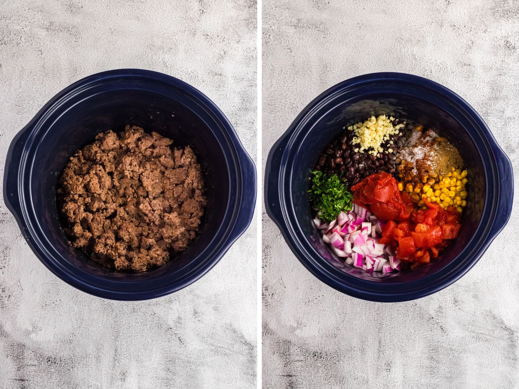 side by side chili preparing in a crockpot