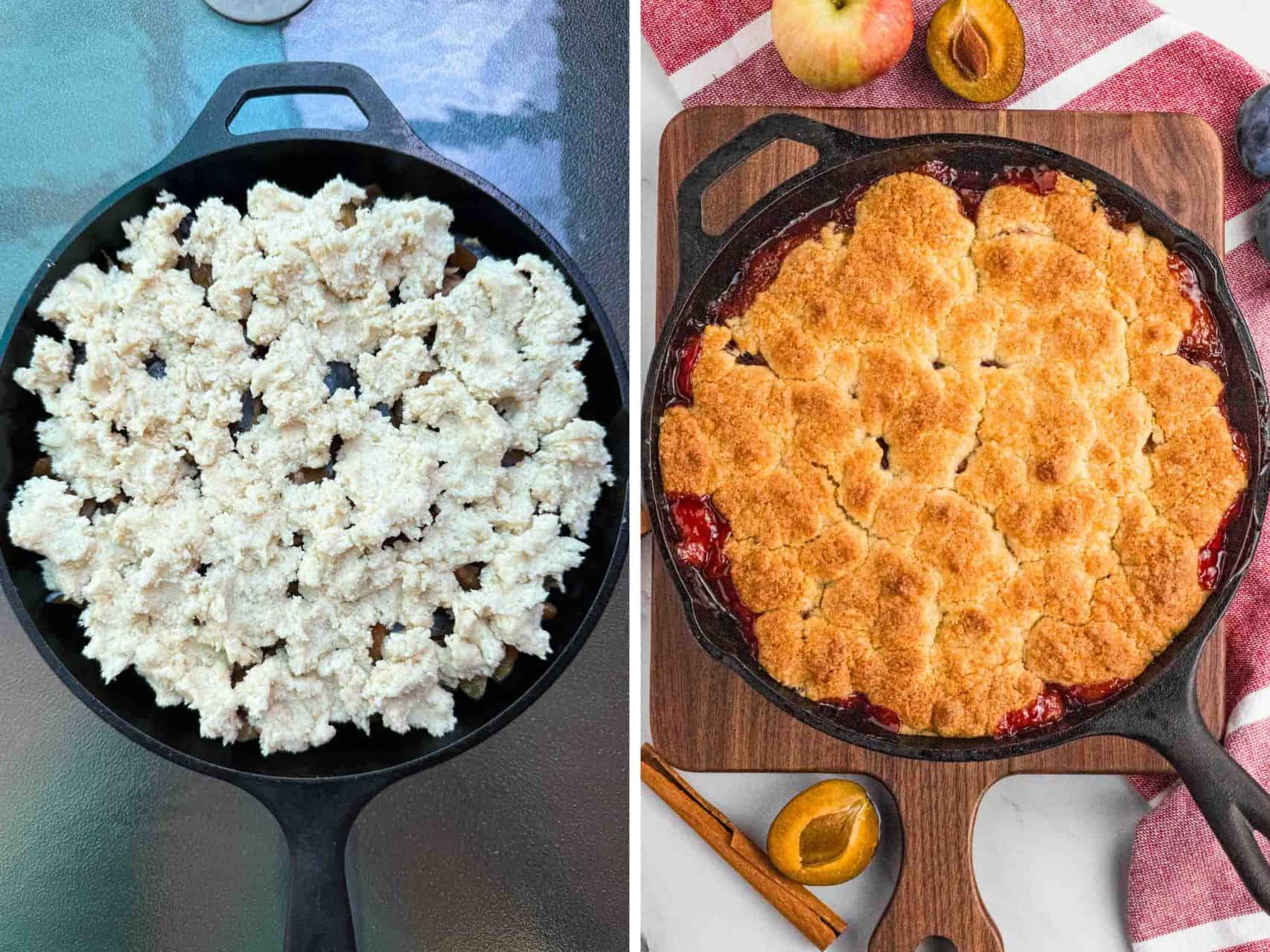 side by side before and after baking plum cobbler