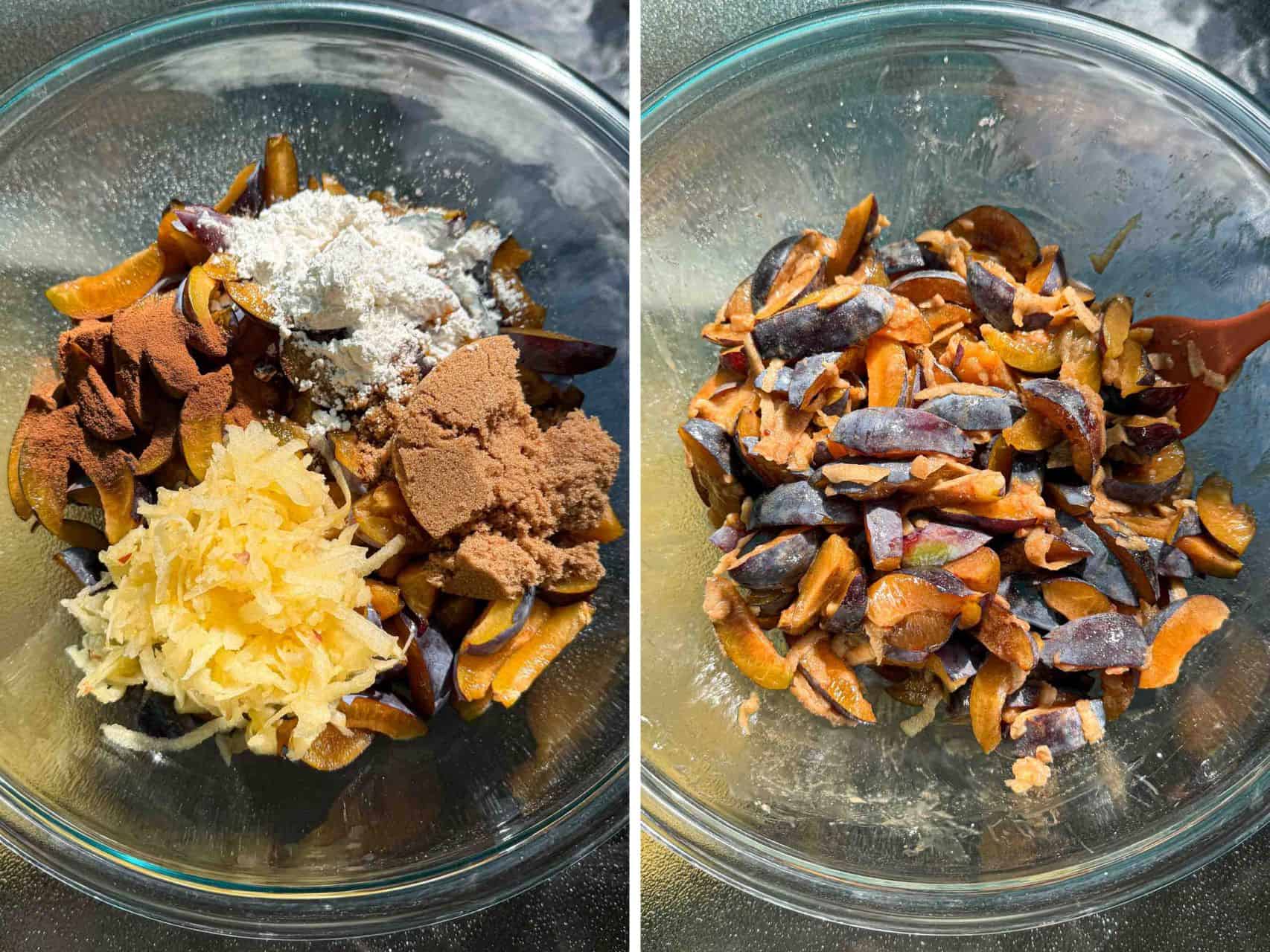side by side plum mixture for plum cobbler
