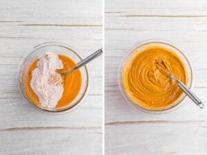 mixing wet and dry ingredients together for Pumpkin Bread