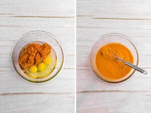 side by side collage mixing wet ingredients of pumpkin bread