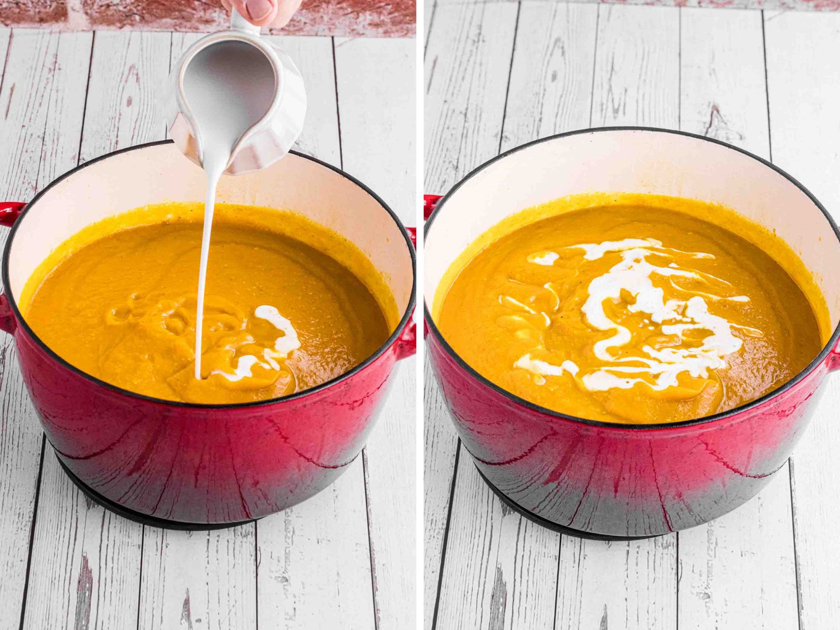 pour cream into butternut squash soup