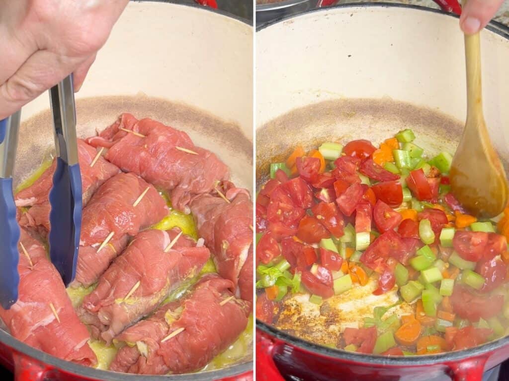 Brown beef rouladen and simmer chopped veggies