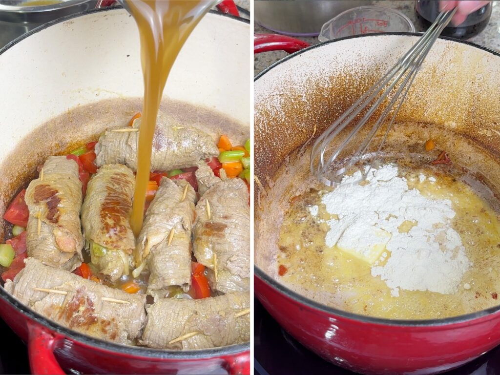 left-pour broth over rouladen-right make gravy