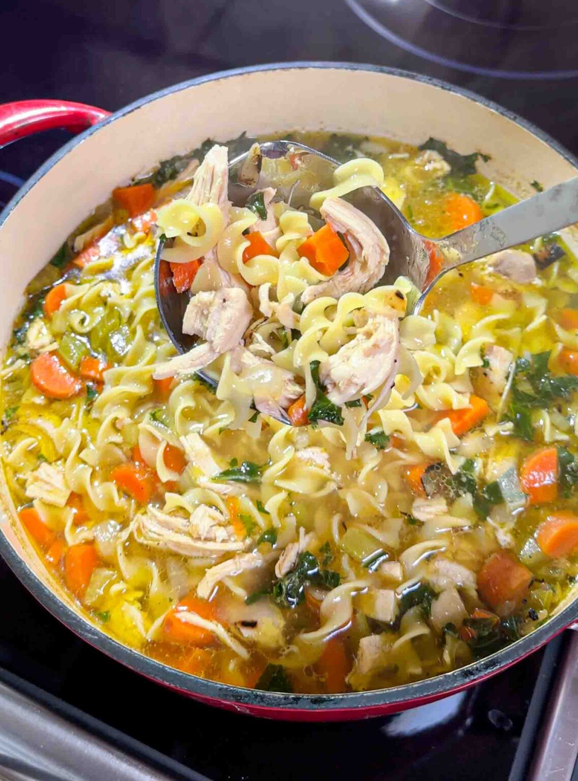 a pot of freshly made chicken noodle soup