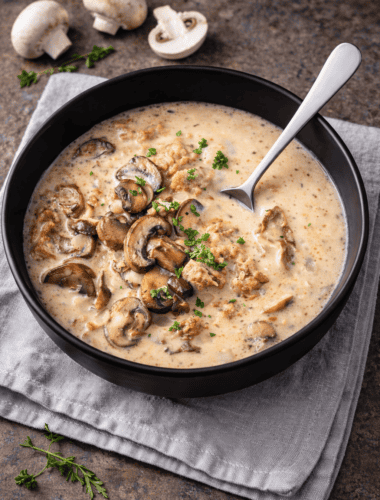 A bowl of homemade creamy mushroom soup