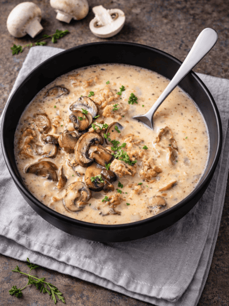 A bowl of homemade creamy mushroom soup