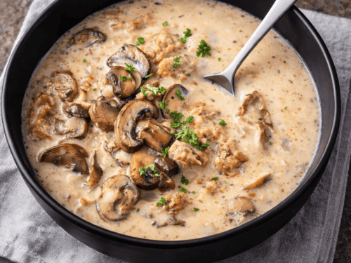 A bowl of homemade creamy mushroom soup