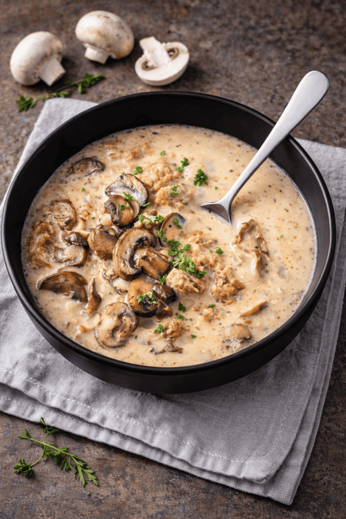 A bowl of homemade creamy mushroom soup
