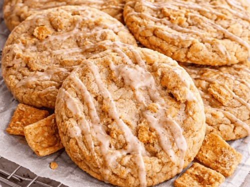 Cinnamon Toast Crunch cookies topped with cinnamon glaze