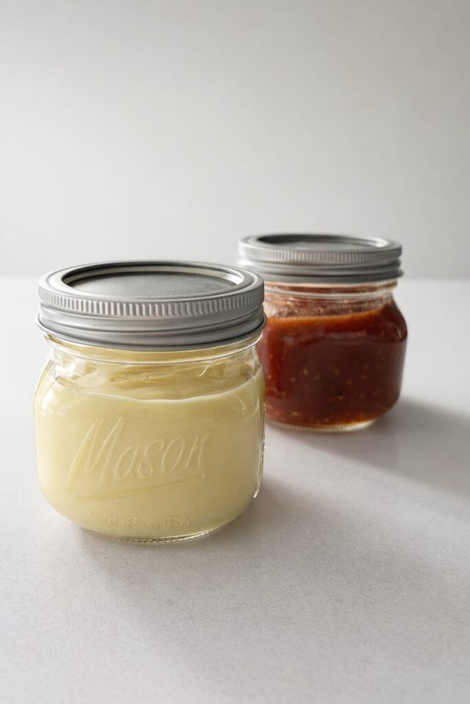wide mouth mason jars one with mayonnaise and one with salsa