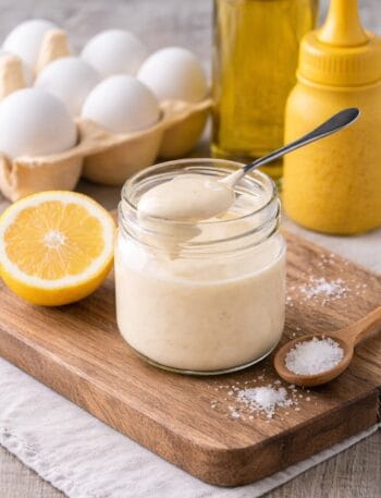 homemade mayonnaise in glass with eggs, lemon, salt, oil and mustard ingredients around it