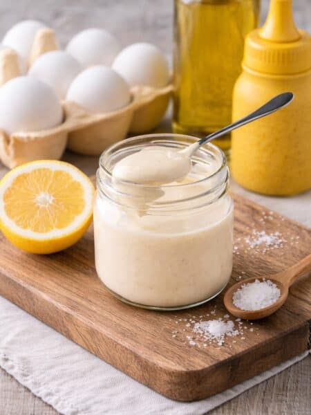 homemade mayonnaise in glass with eggs, lemon, salt, oil and mustard ingredients around it