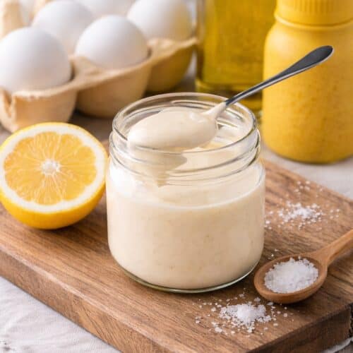 homemade mayonnaise in glass with eggs, lemon, salt, oil and mustard ingredients around it