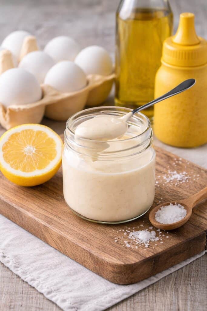 homemade mayonnaise in glass with eggs, lemon, salt, oil and mustard ingredients around it