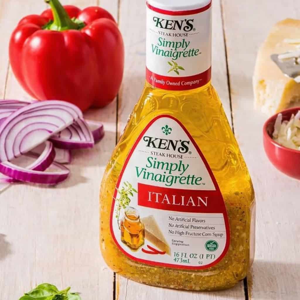 Ken's Italian dressing bottle I use for this mediterranean pasta salad