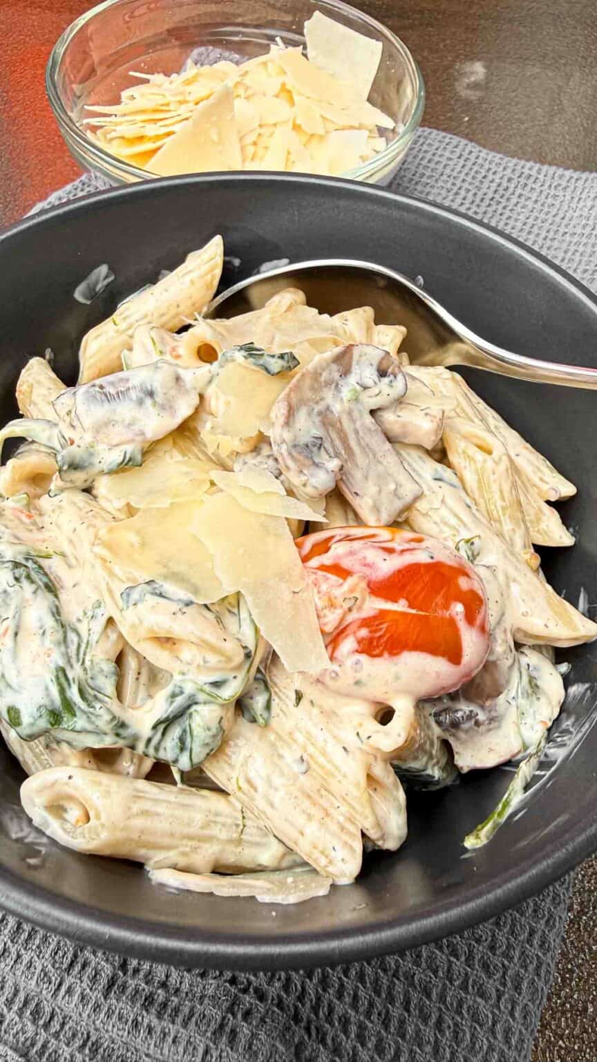 Bowl of Boursin Spinach Pasta Casserole