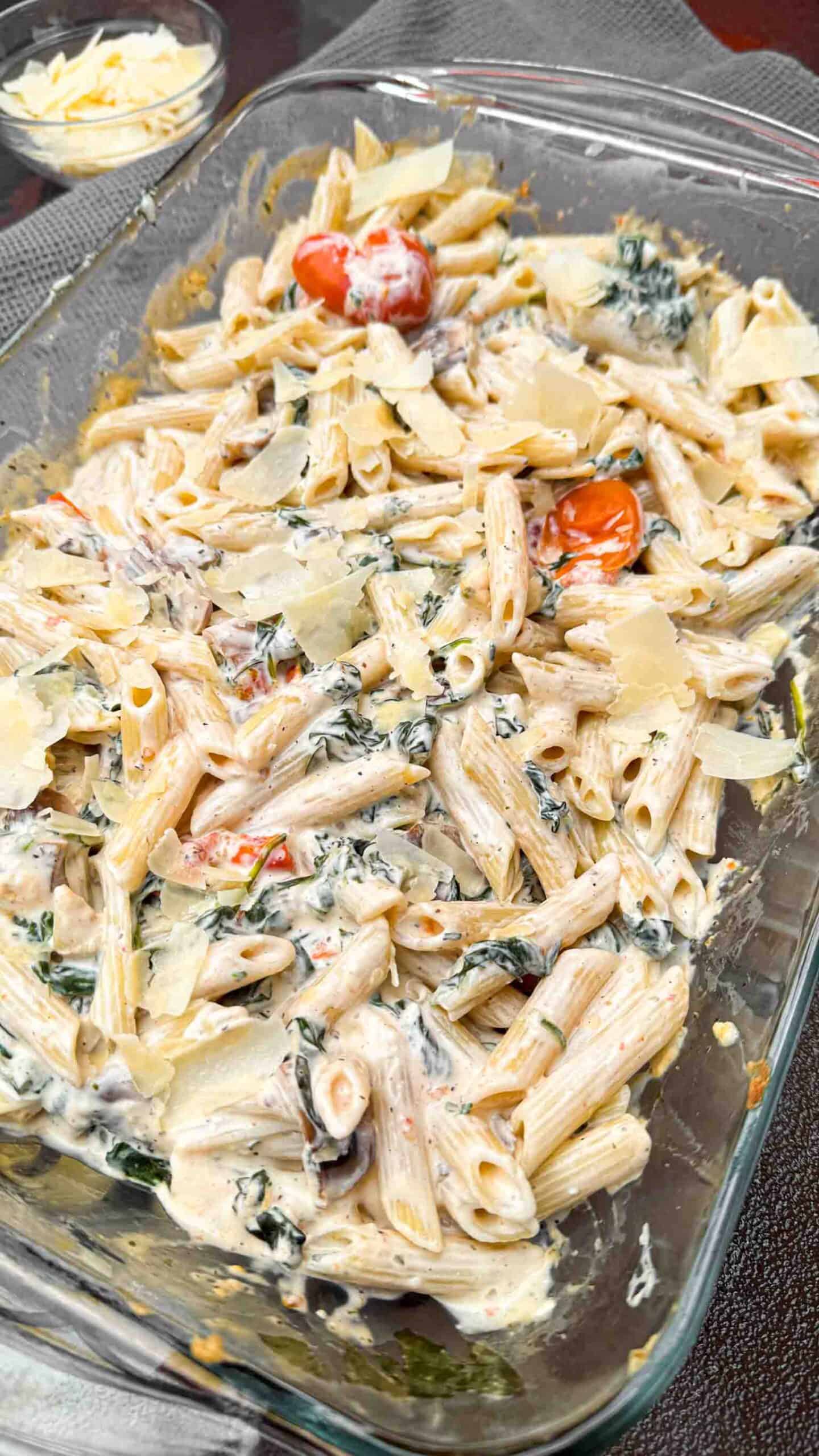Creamy Boursin Tomato Spinach Pasta Casserole · Authentic German Recipes | Debbie's Kitchen Corner