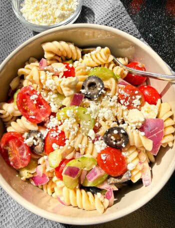 Bowl of Pasta Salad with a small bowl of Feta Cheese beside it